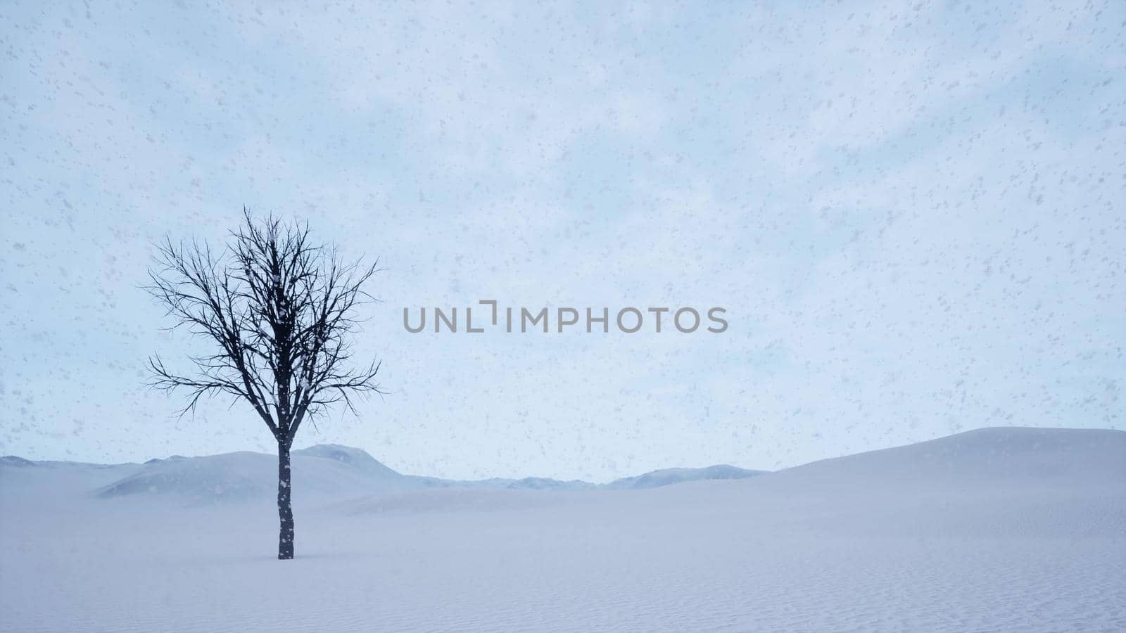 Snow is falling in realistic 3d style Dramatic sky landscape one tree 3d render by Zozulinskyi
