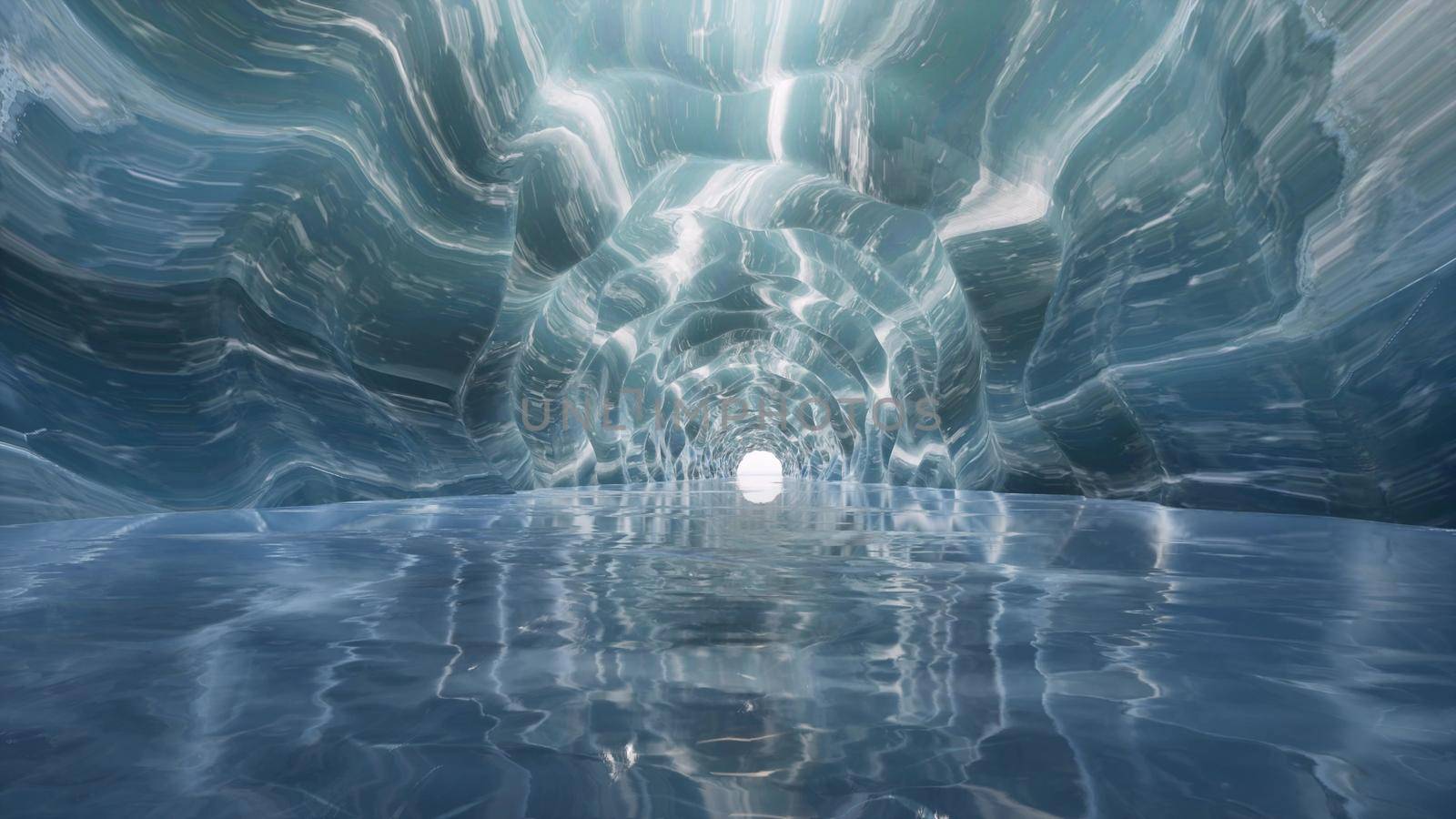 Blue ice tunnel crystal cave with water sea futuristic corridor 3d render by Zozulinskyi