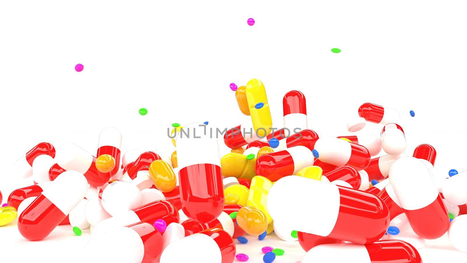 Classic color medicines pills fall on white surface Medical concept super slow motion 1000fps 3d render by Zozulinskyi
