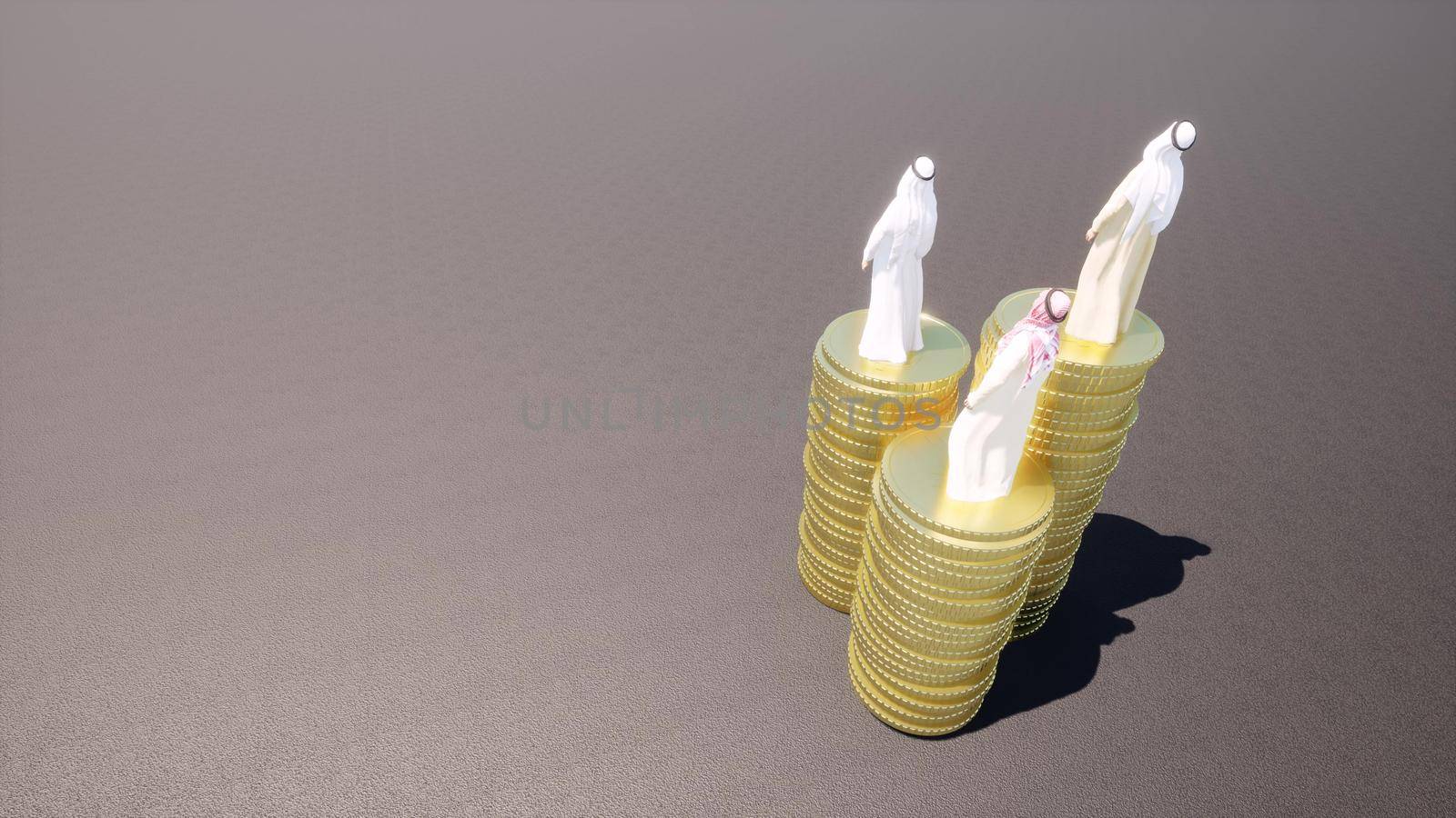 Arabic arabs stand on gold coins currency money 3d render