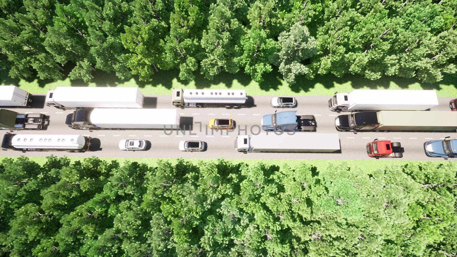 Modern aerial view of a huge queue of traffic jam from trucks 3d render