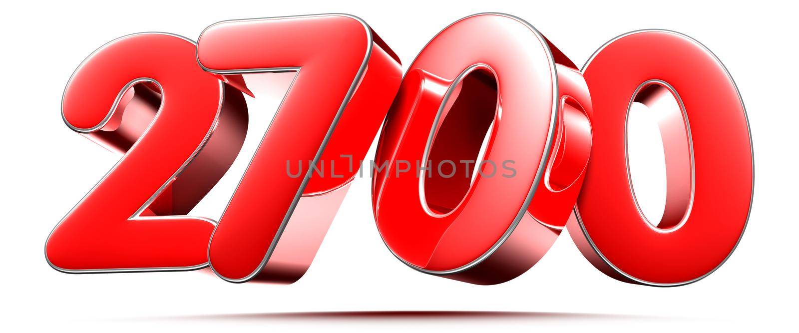 Rounded red numbers 2700 on white background 3D illustration with clipping path