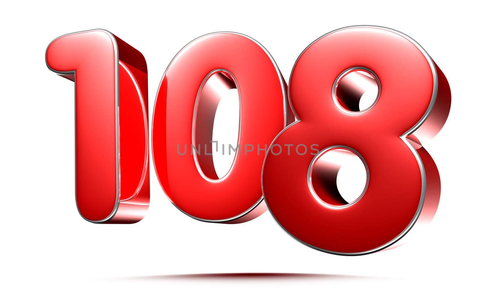 Rounded red numbers 108 on white background 3D illustration with clipping path.