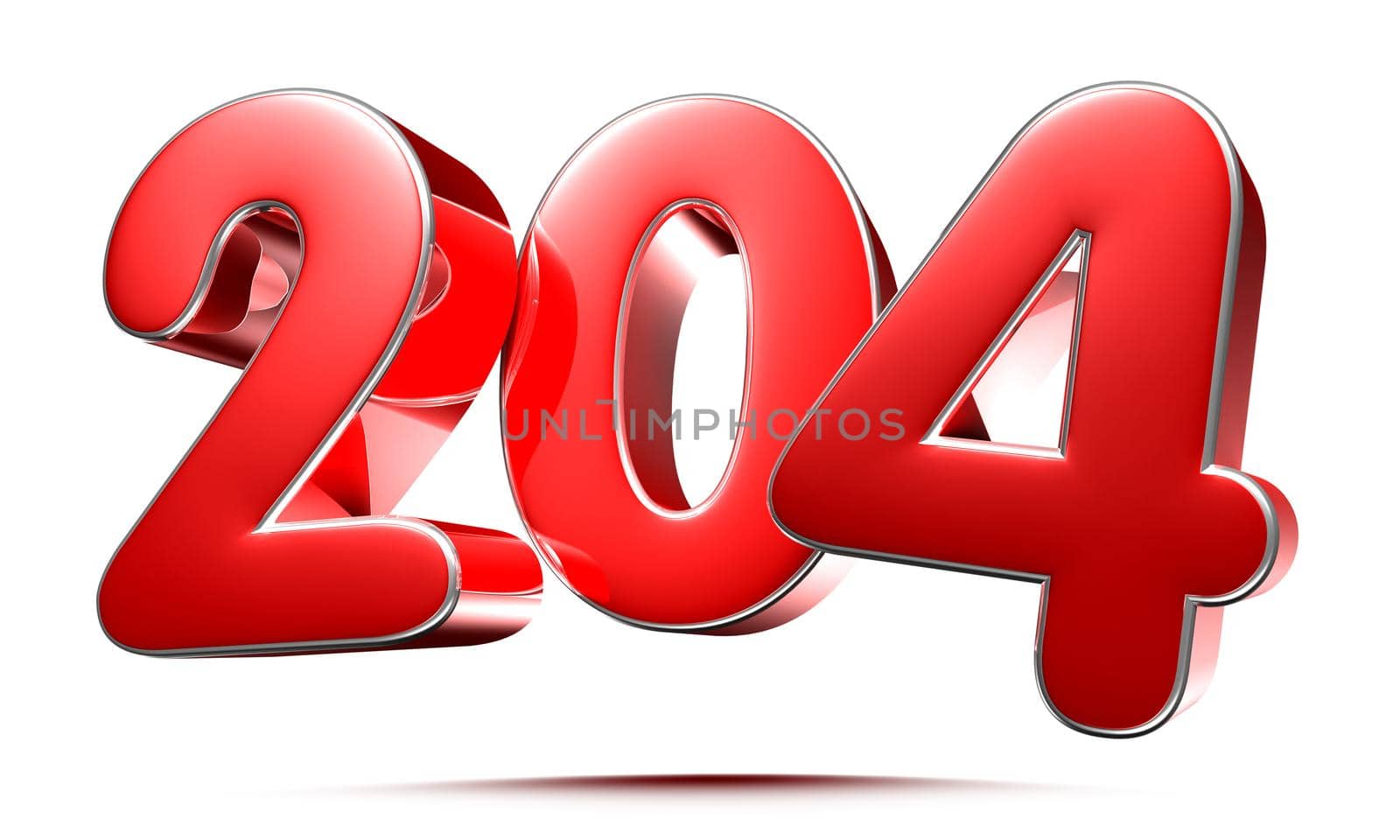 Rounded red numbers 204 on white background 3D illustration with clipping path