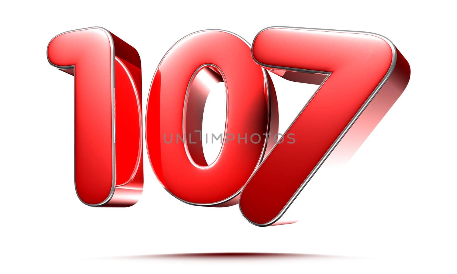 Rounded red numbers 107 on white background 3D illustration with clipping path