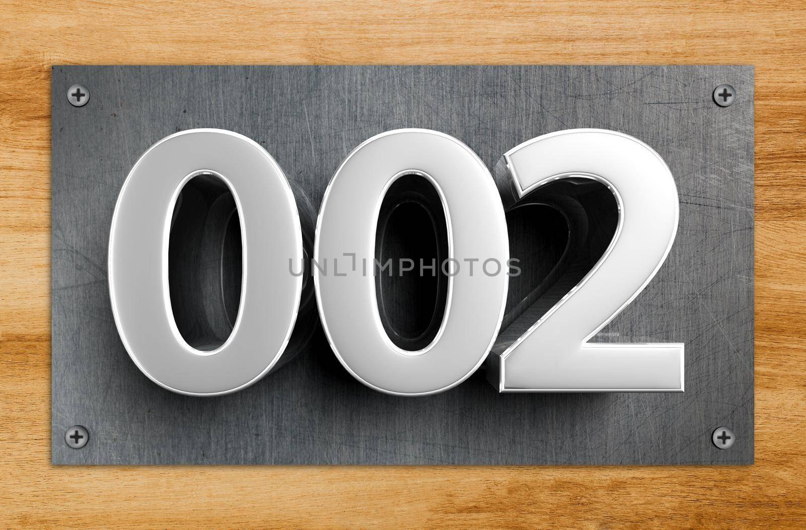 Rendering 3D illustration Stainless Steel Signs number 002 hanging against the room door.(With Clipping Path). by thitimontoyai