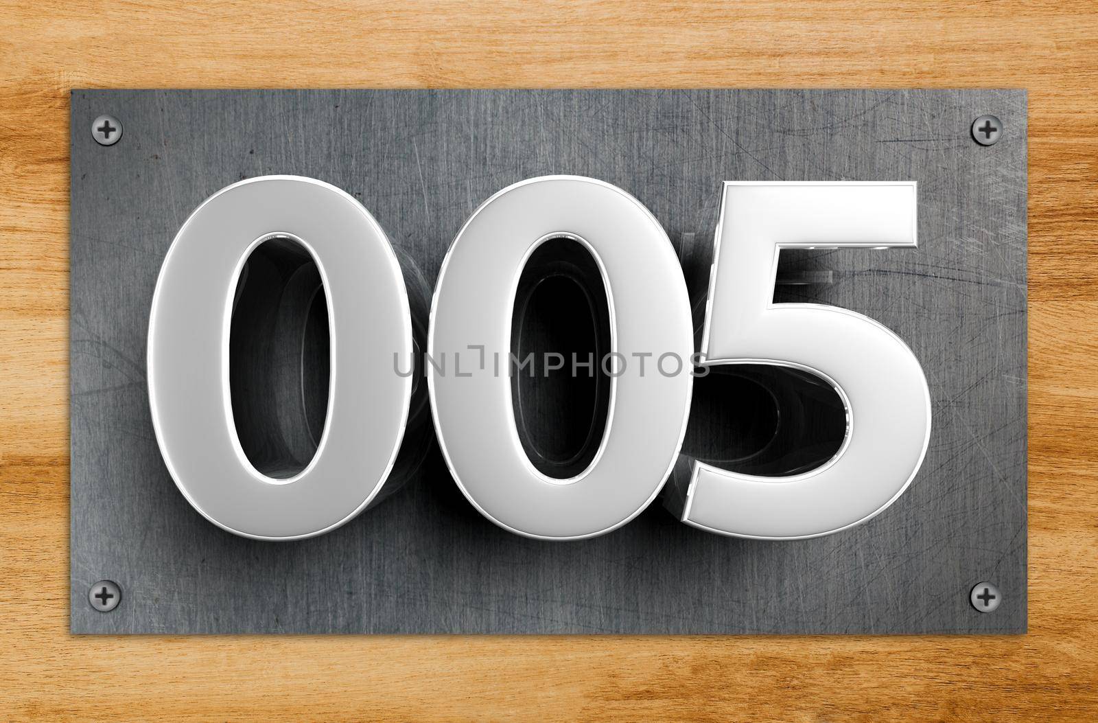 Rendering 3D illustration Stainless Steel Signs number 005 hanging against the room door.(With Clipping Path). by thitimontoyai