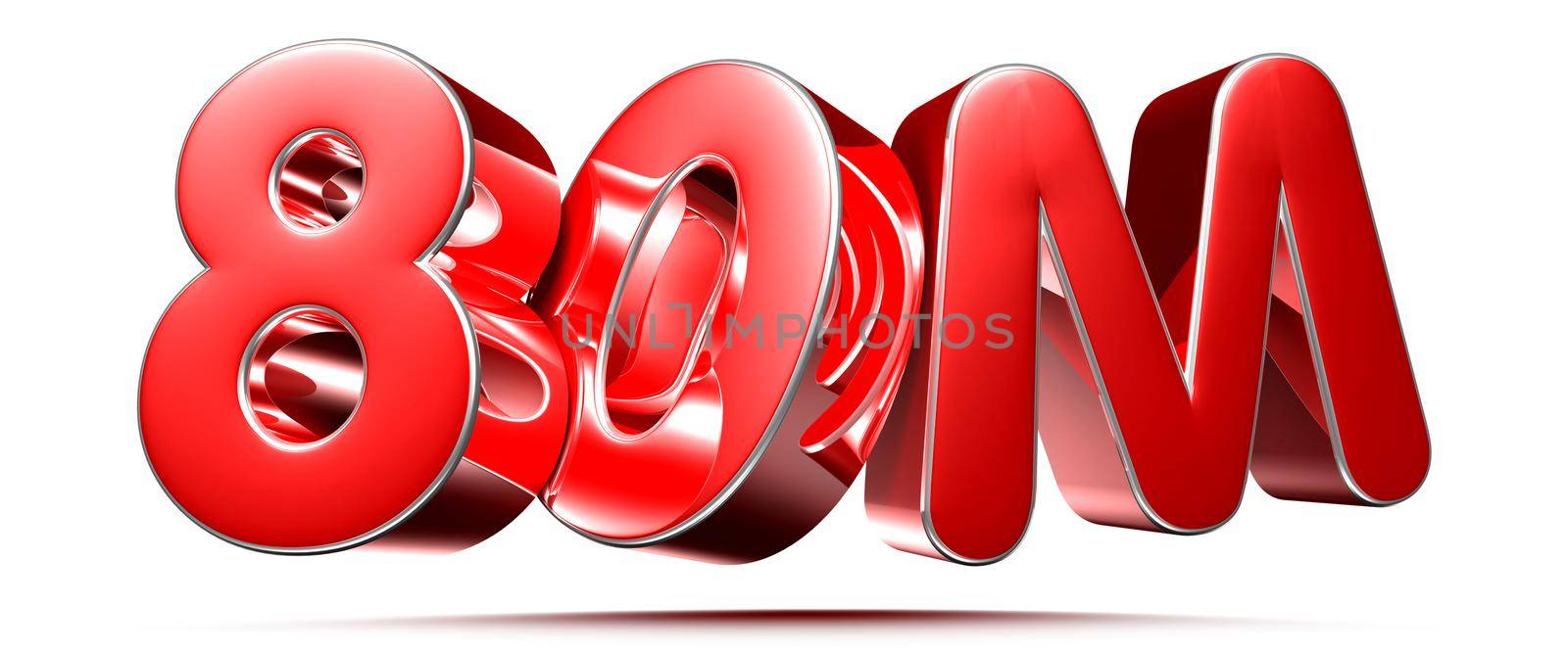 80m red 3D illustration on white background with clipping path.