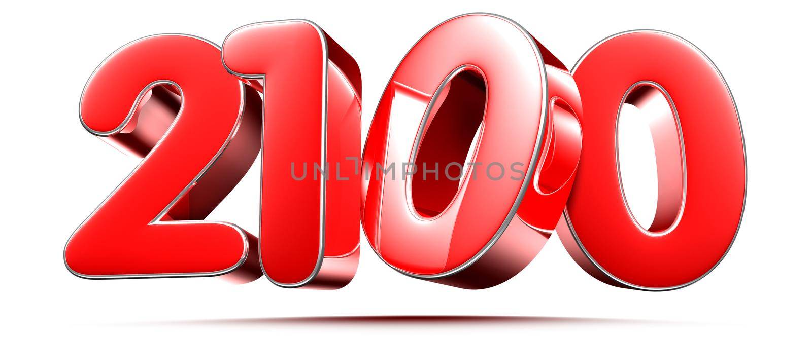 Rounded red numbers 2100 on white background 3D illustration with clipping path