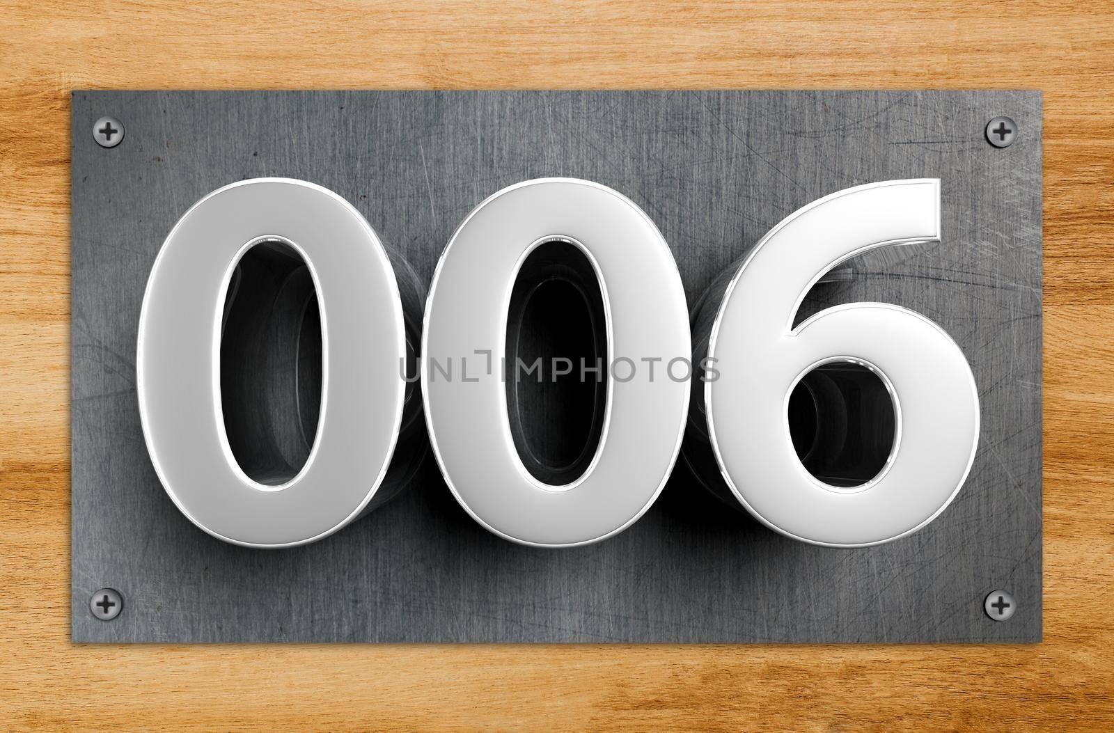 Rendering 3D illustration Stainless Steel Signs number 006 hanging against the room door.(With Clipping Path).