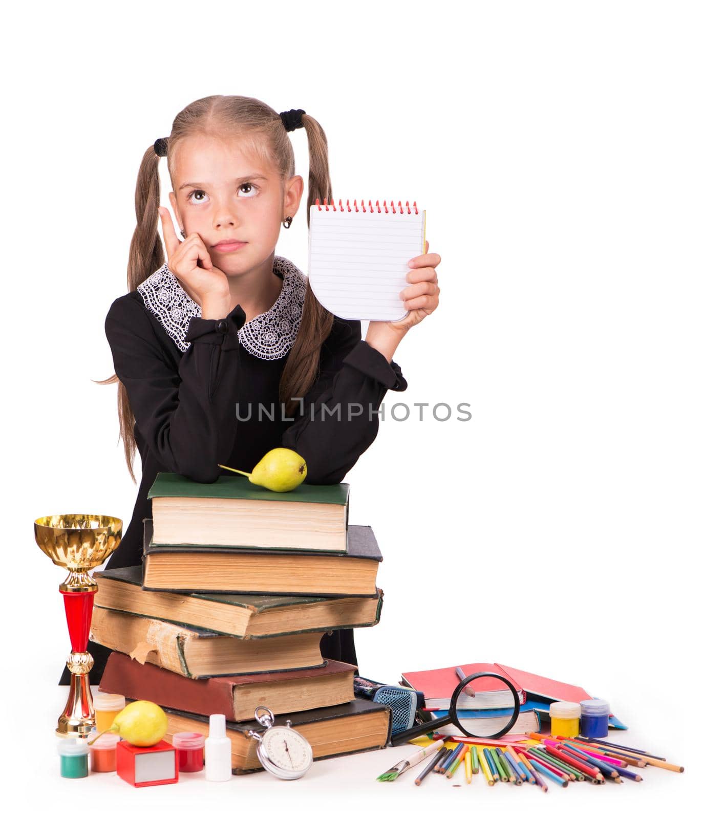 Caucasian child girl with school supplies stationary isolated on white background. by aprilphoto