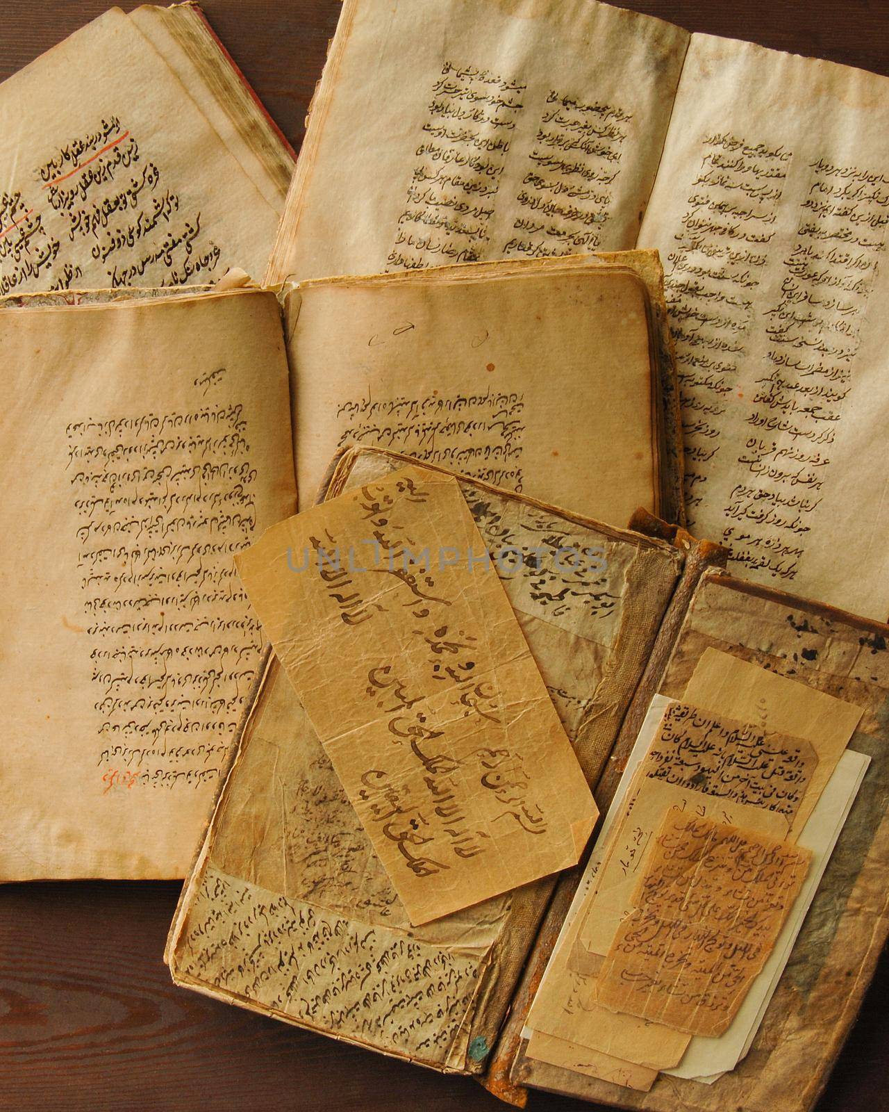 Tashkent, Uzbekistan - August 10, 2009: Stack of open ancient books in Arabic. Old Arabic manuscripts and texts. Top view