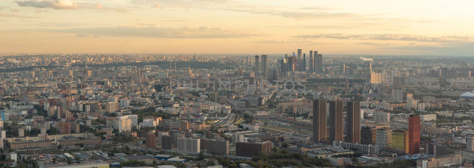 Moscow aerial panorama. Moscow city view. Skyscrapers in the center of the capital. Panorama of the Russian city during sunset. Russian architecture