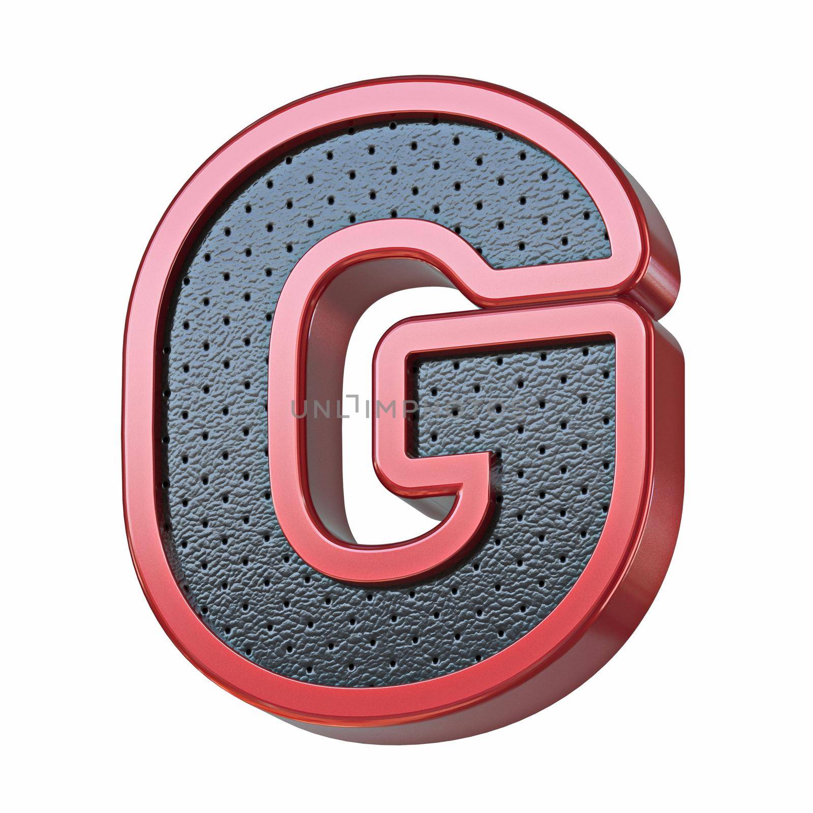 Red shinny metal and black leather font Letter G 3D render illustration isolated on white background