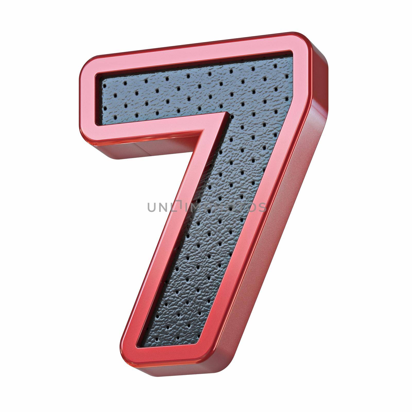 Red shinny metal and black leather font Number 7 SEVEN 3D render illustration isolated on white background