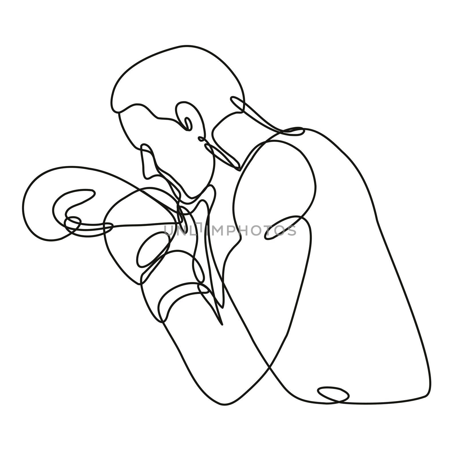 Continuous line drawing illustration of a boxer jabbing boxing side view done in mono line or doodle style in black and white on isolated background. 