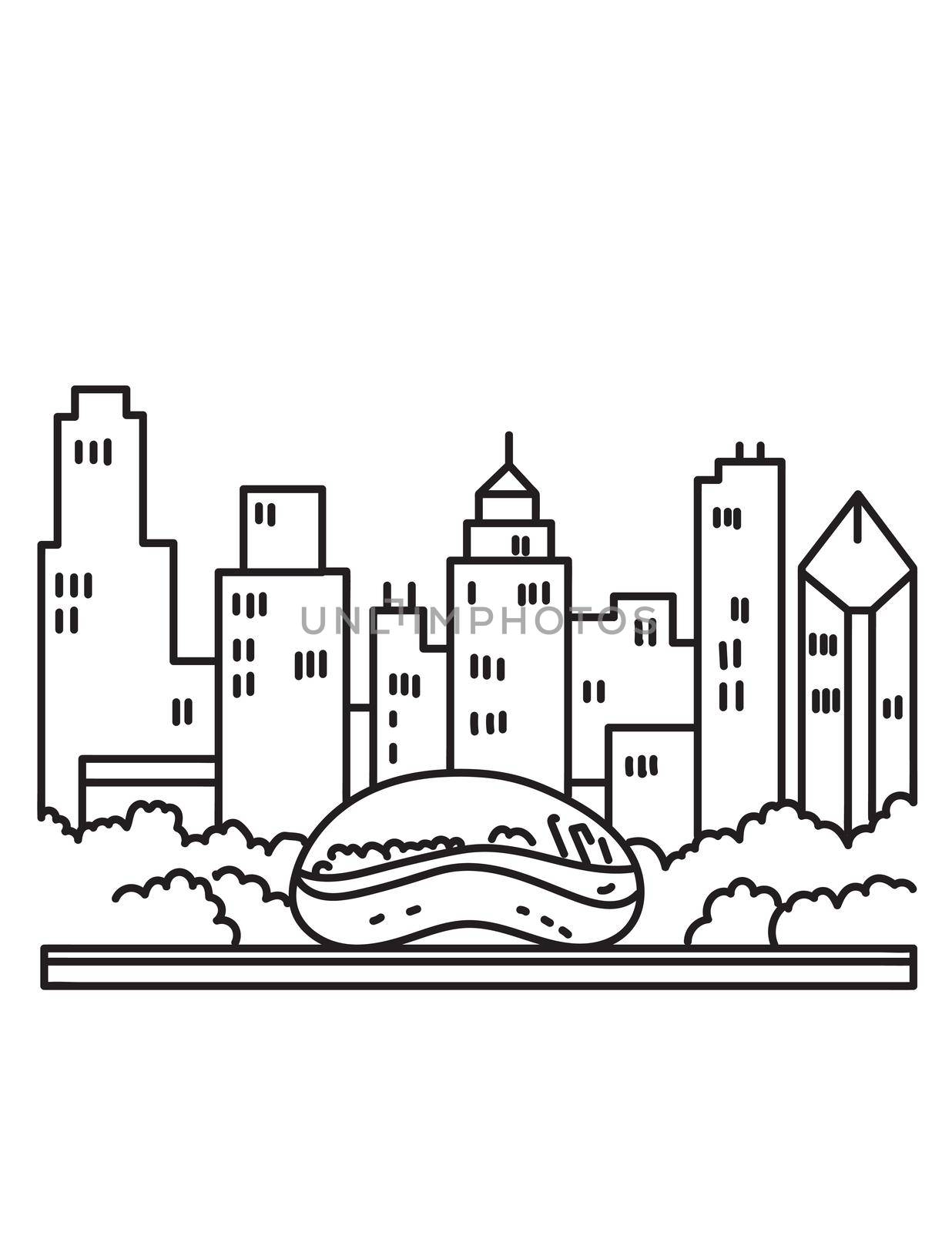 Chicago Downtown Skyline with the Bean or Cloud Gate Sculpture on Park Grill Lake Michigan Illinois USA Mono Line Art Poster  by patrimonio