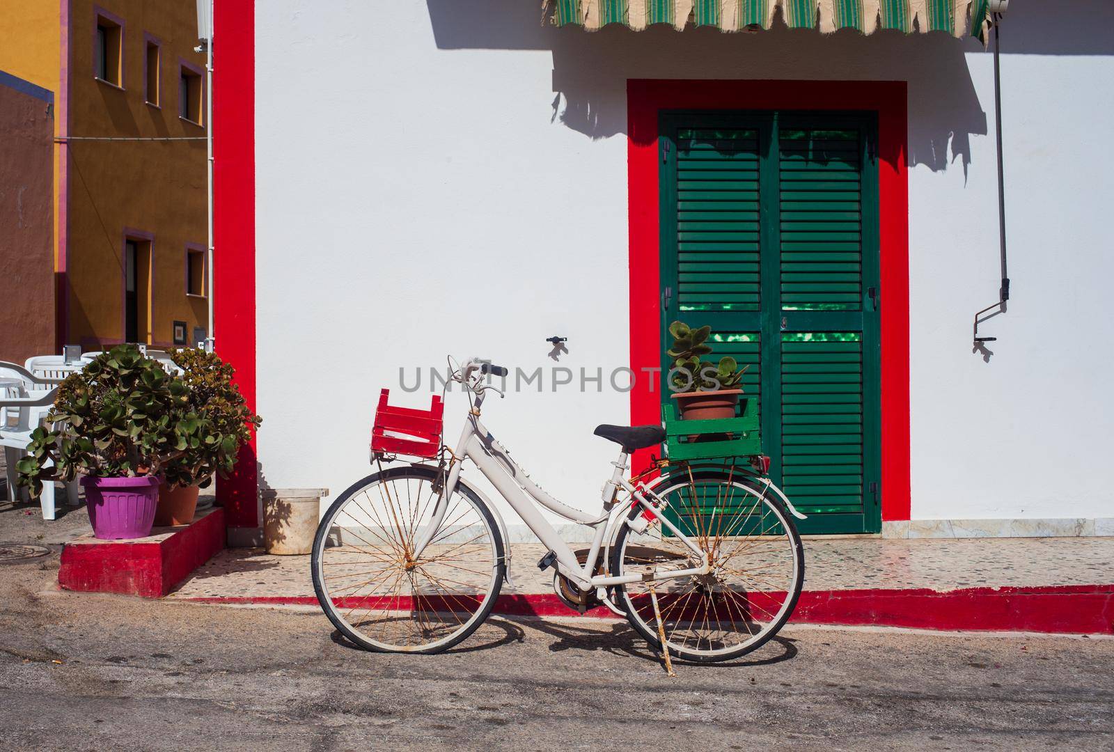 View of touristic flowers pot on a bike, typical colorful house on the background, Linosa
