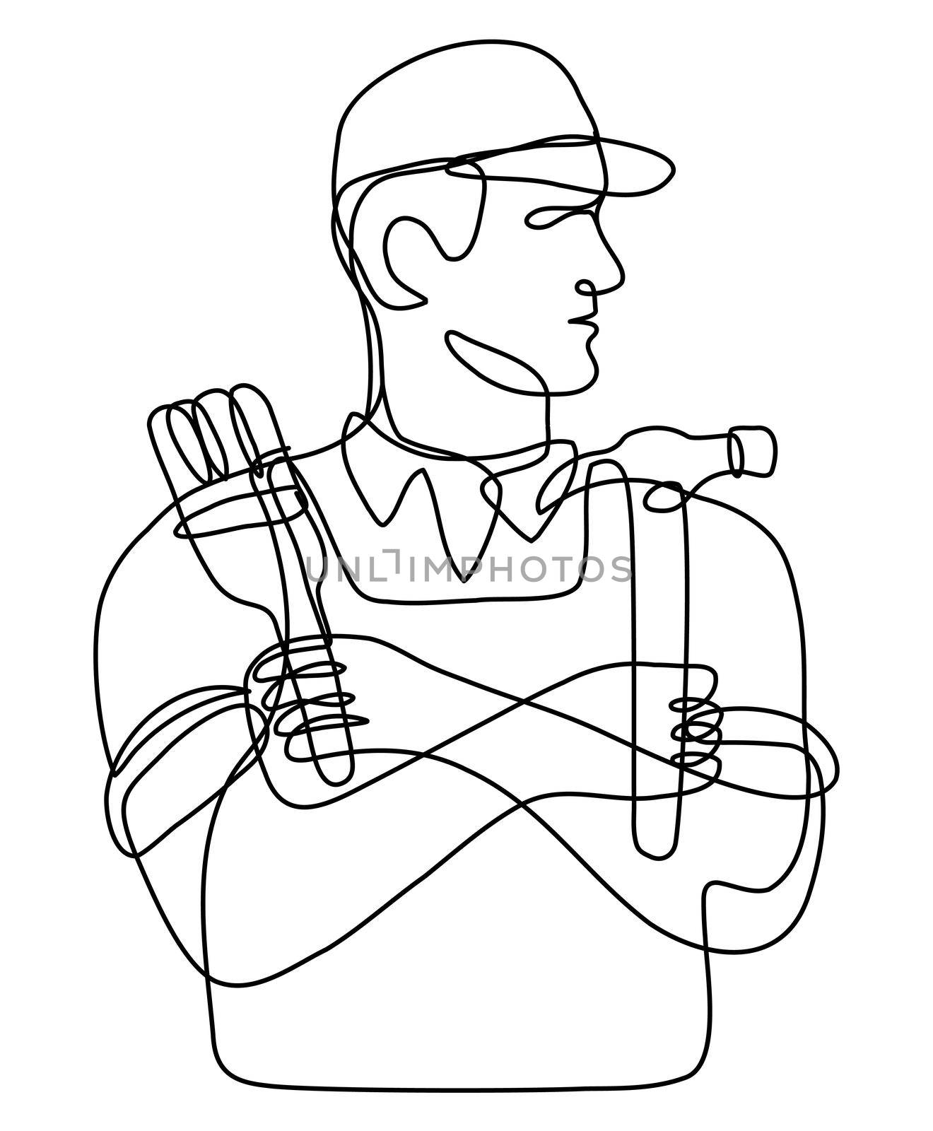 Continuous line drawing illustration of a handyman holding a hammer and paint brush with arms crossed done in mono line or doodle style in black and white on isolated background. 