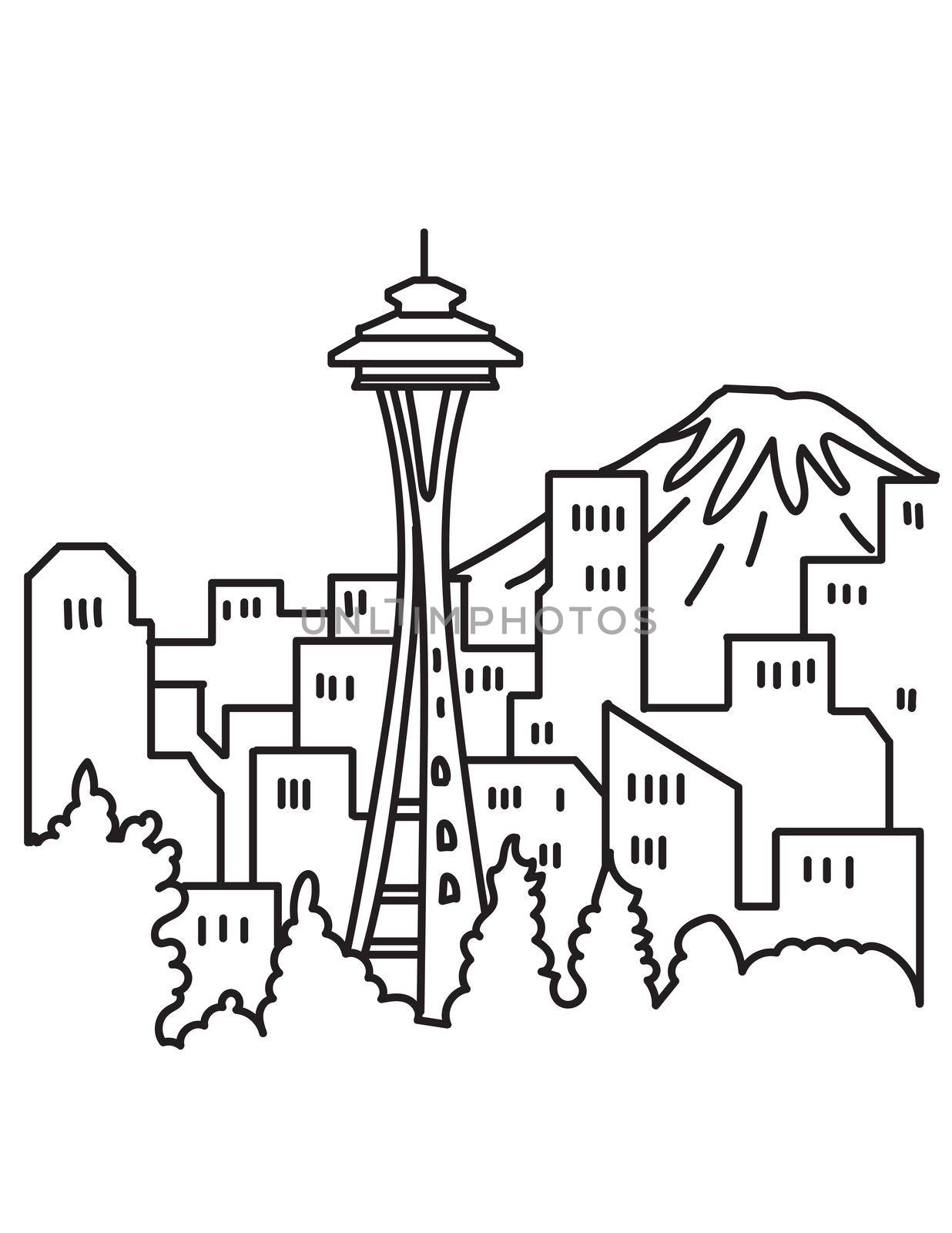 Mono line illustration of Seattle City downtown skyline with Space Needle landmark and Mount Rainier in in Washington State, USA done in monoline line art style.
