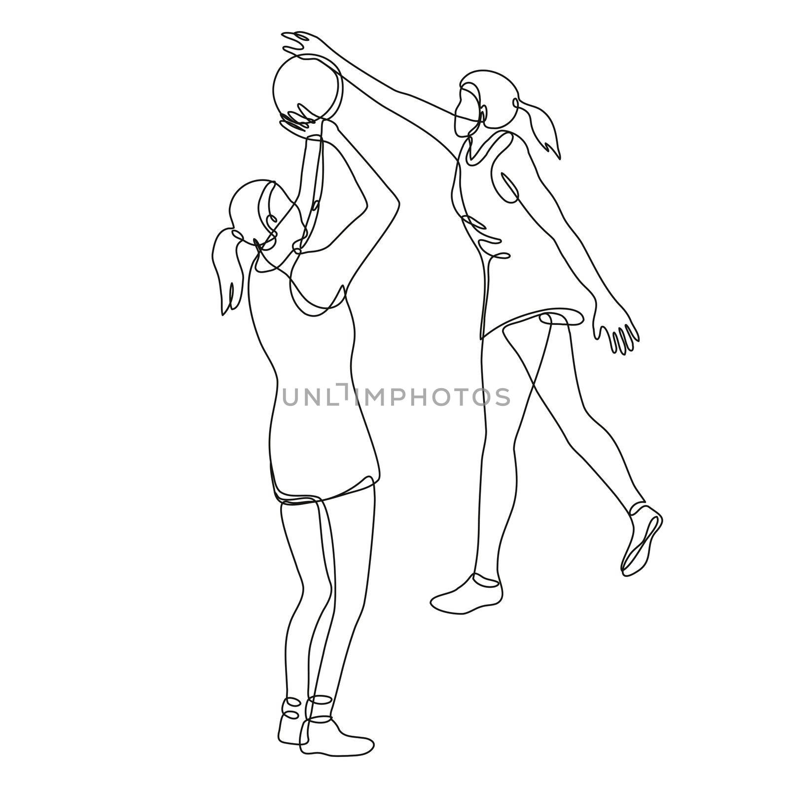 Continuous line drawing illustration of a netball player shooting and blocking the ball done in mono line or doodle style in black and white on isolated background. 