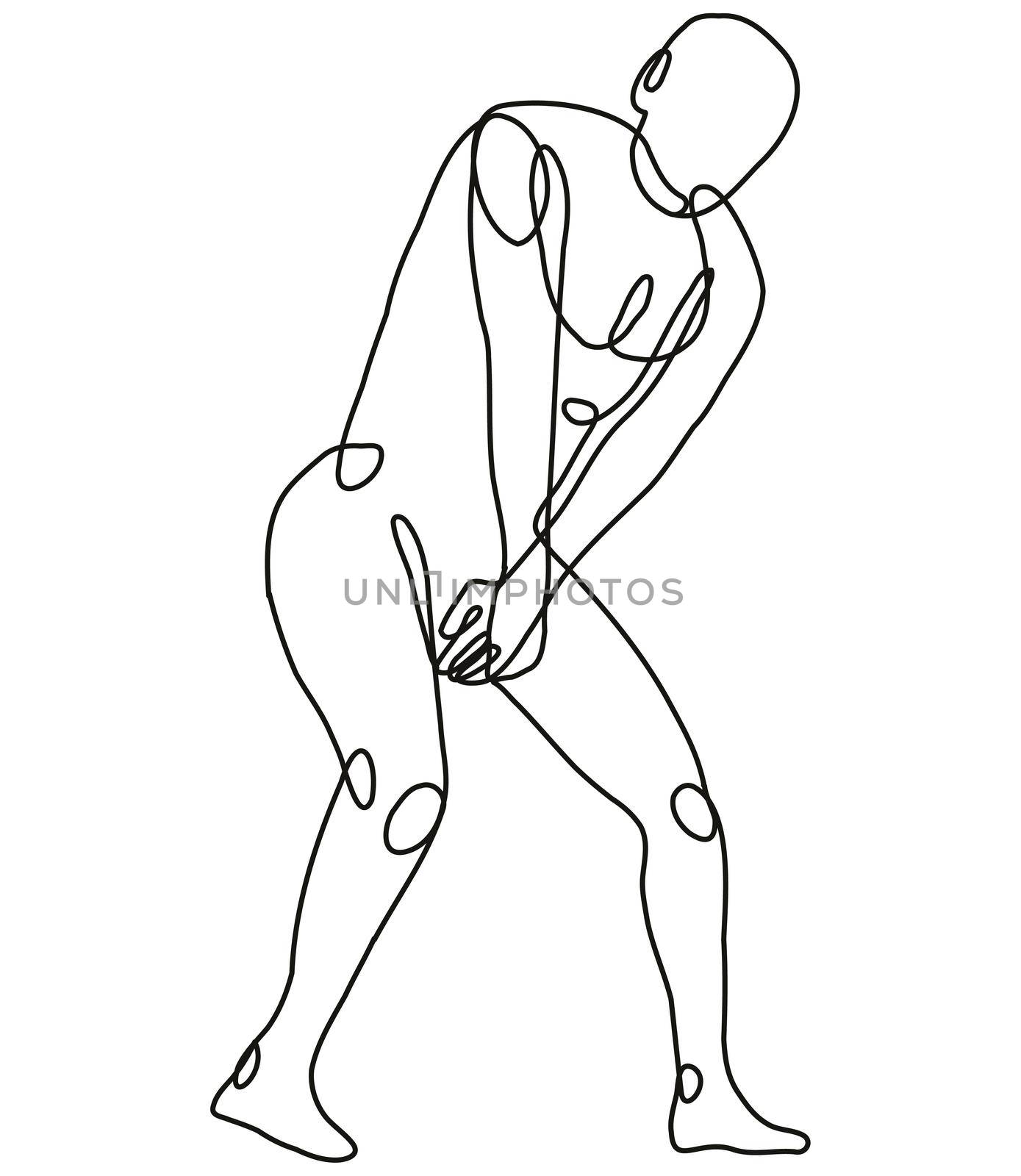 Continuous line drawing illustration of a nude male human figure standing covering holding crotch in mono line or doodle style in black and white on isolated background. 