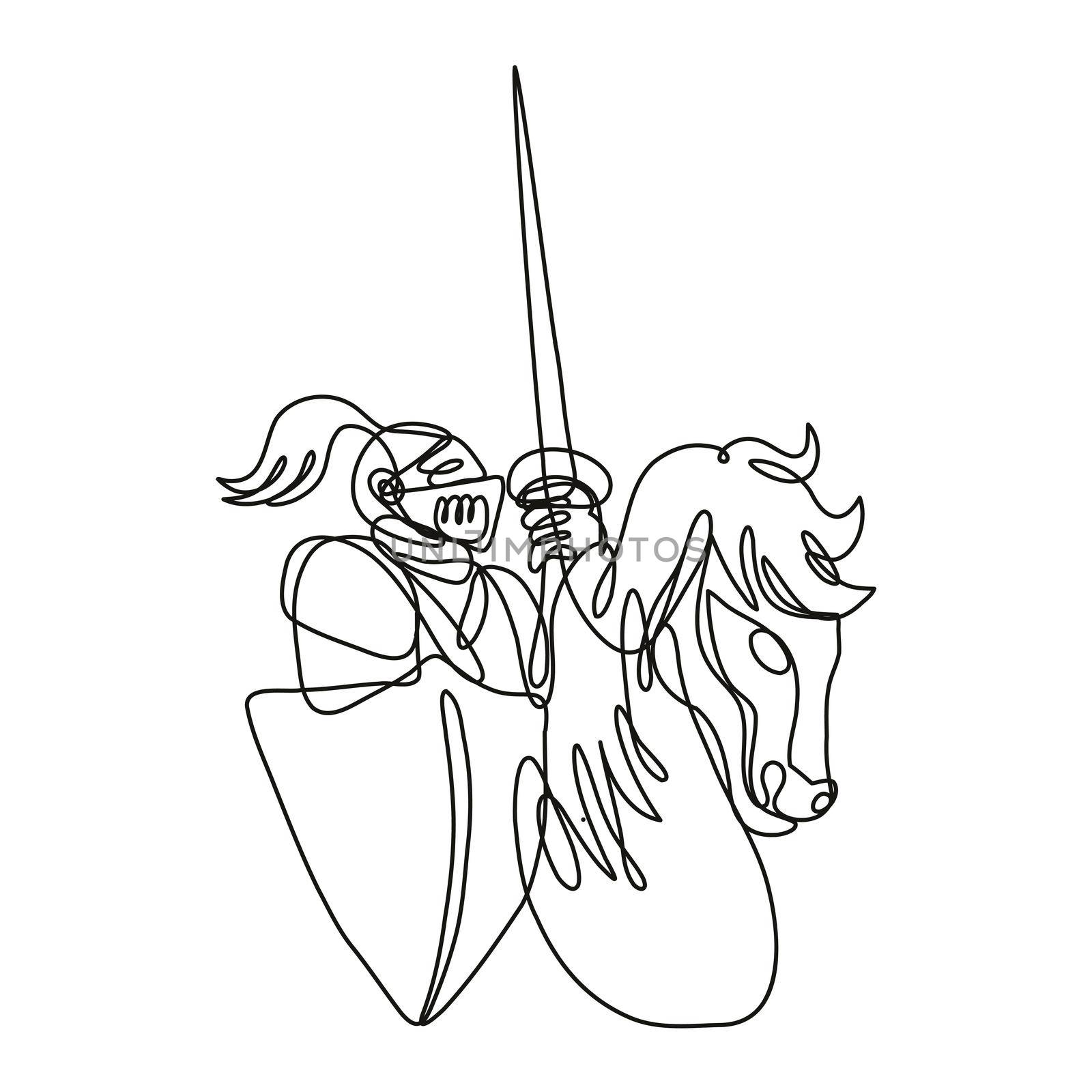 Knight With Lance and Shield Riding Stead Continuous Line Drawing  by patrimonio