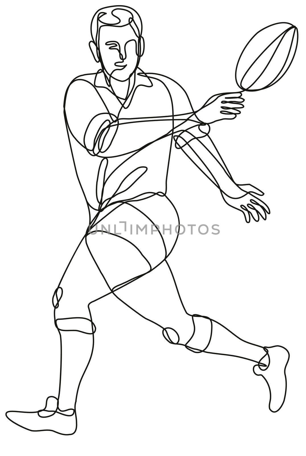 Continuous line drawing illustration of a rugby union player passing ball front view done in mono line or doodle style in black and white on isolated background. 