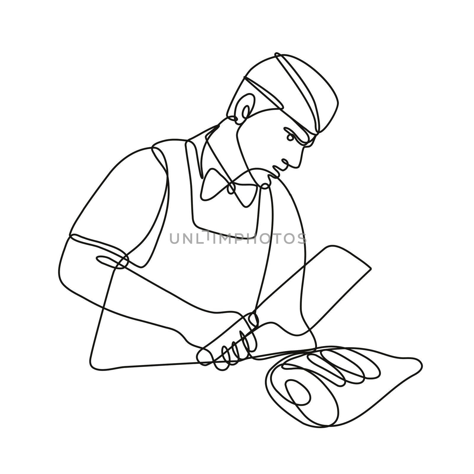 Butcher with Meat Cleaver Cutting Leg of Ham Continuous Line Drawing  by patrimonio