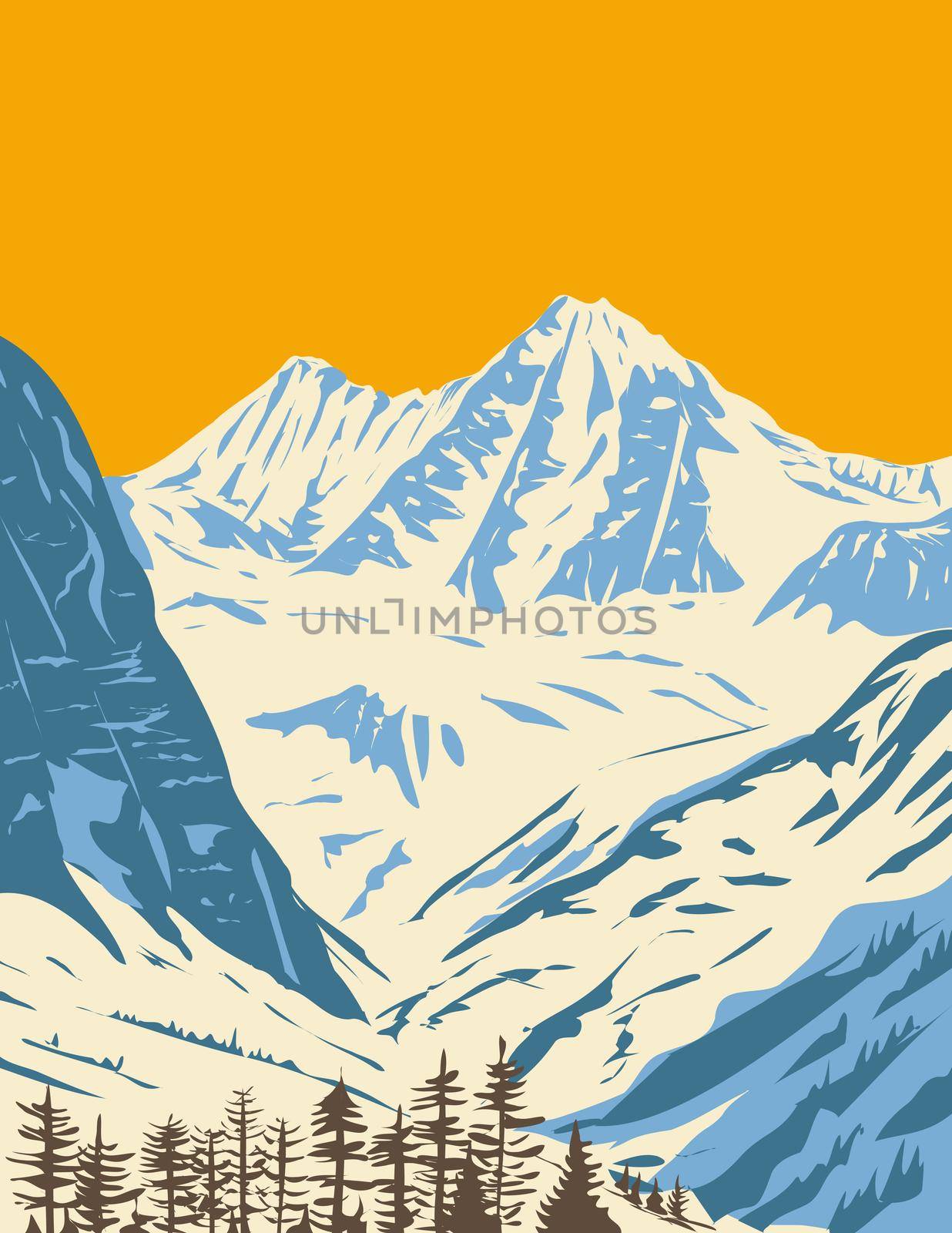 Art Deco or WPA Poster of  Hohe Tauern National Park in the East Alpine crest in Salzburg, Tyrol and Carinthia, Austria done in works project administration style.