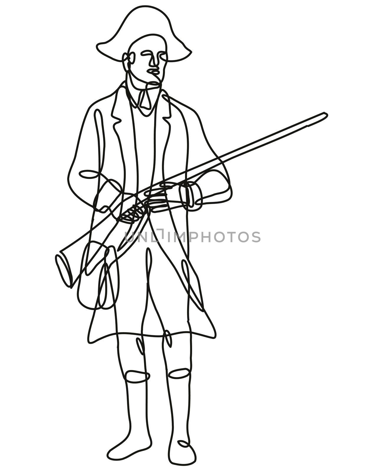 Continuous line drawing illustration of an American Patriot Revolutionary Soldier with Musket Rifle Front View  done in mono line or doodle style in black and white on isolated background. 