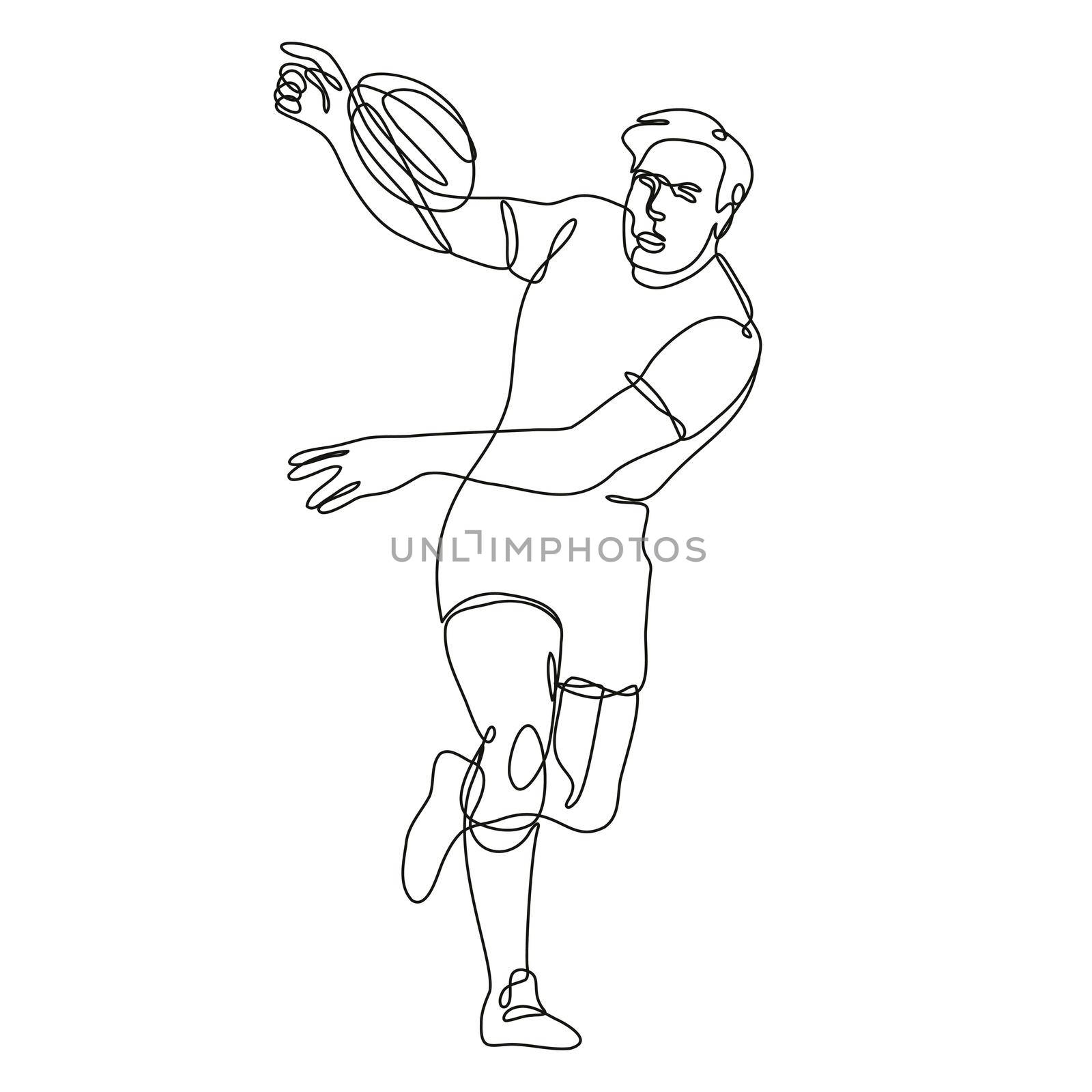 Continuous line drawing illustration of a rugby union player running passing ball front view done in mono line or doodle style in black and white on isolated background. 