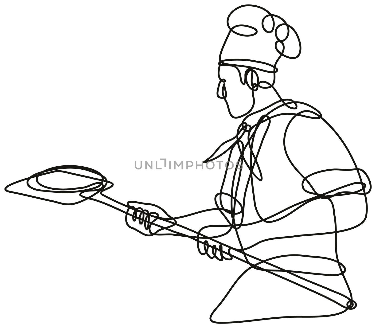 Continuous line drawing illustration of a pizza baker chef or cook holding peel done in mono line or doodle style in black and white on isolated background. 