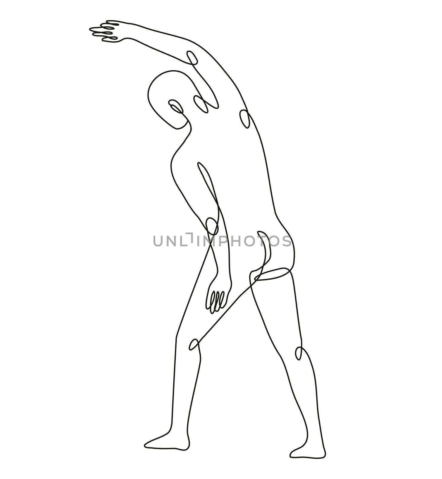 Continuous line drawing illustration of a nude male human figure standing and stretching his arms Pointing Up Rear View done in mono line or doodle style in black and white on isolated background. 