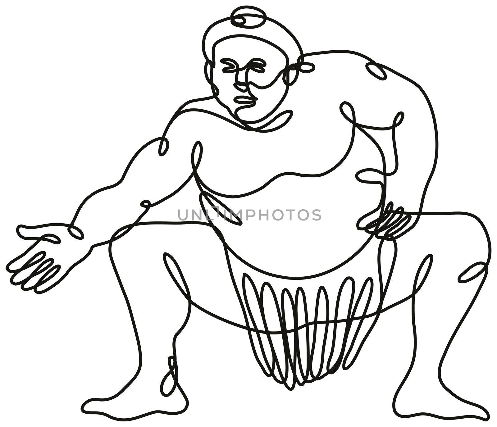 Continuous line drawing illustration of a sumo wrestler or rikishi in fighting stance front view done in mono line or doodle style in black and white on isolated background. 