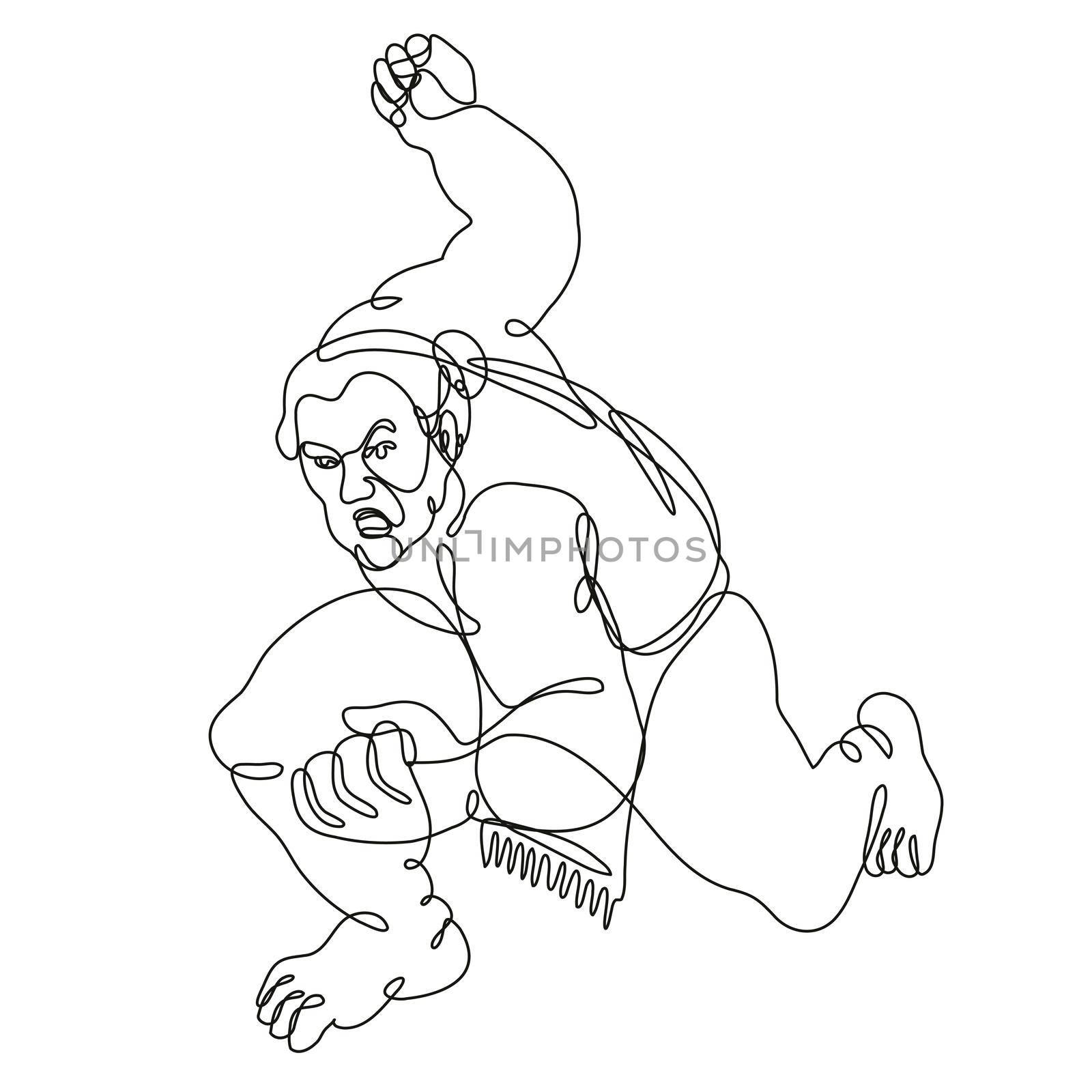 Continuous line drawing illustration of a sumo wrestler or rikishi in fighting stance front view done in mono line or doodle style in black and white on isolated background. 