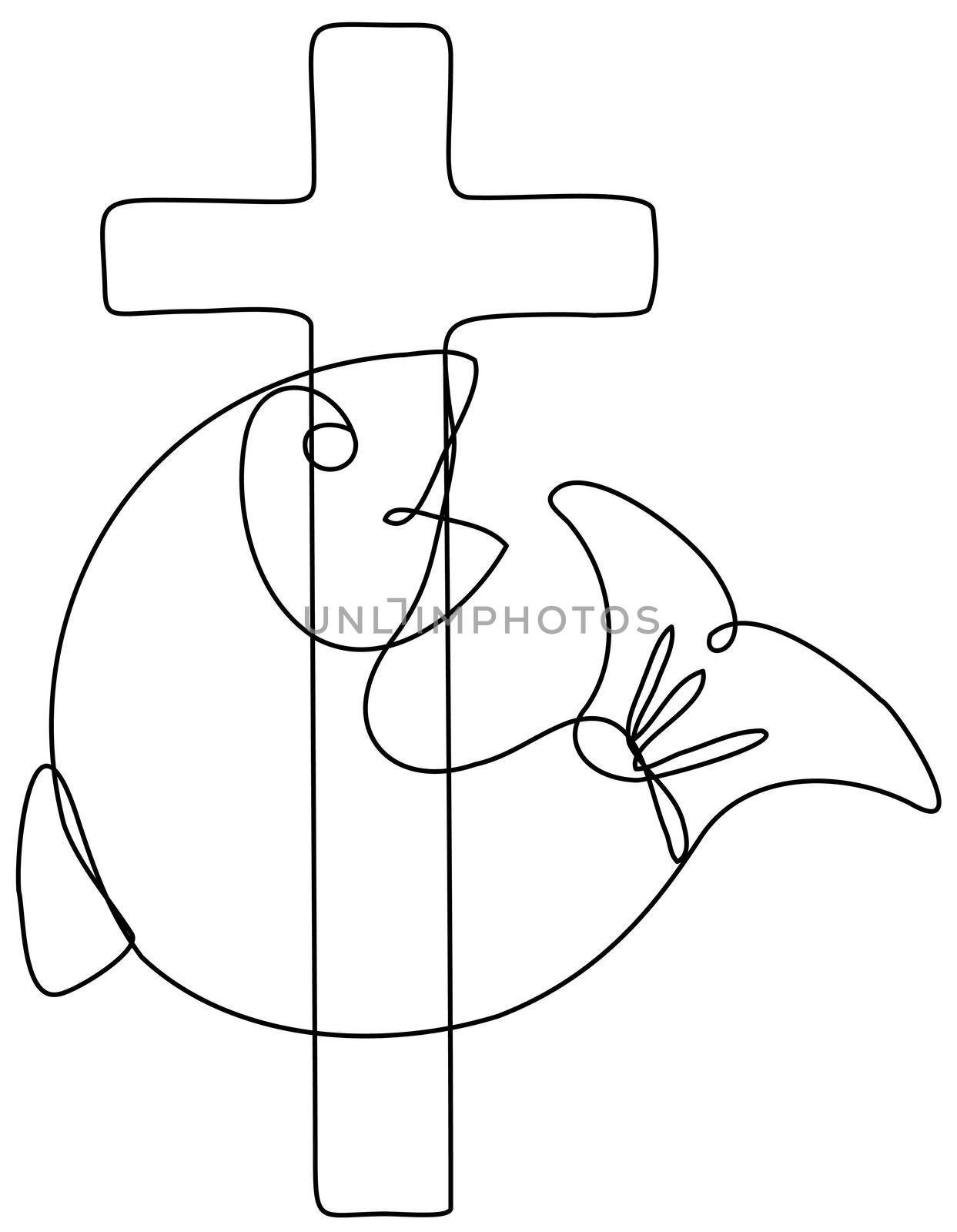 Continuous line drawing illustration of a fish and cross symbol of Christianity done in mono line or doodle style in black and white on isolated background. 