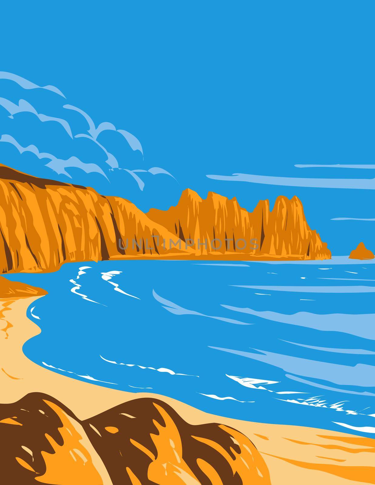 Art Deco or WPA poster of Logan Rock on Treen Cliff in Cornwall, England, UK done in works project administration style.
