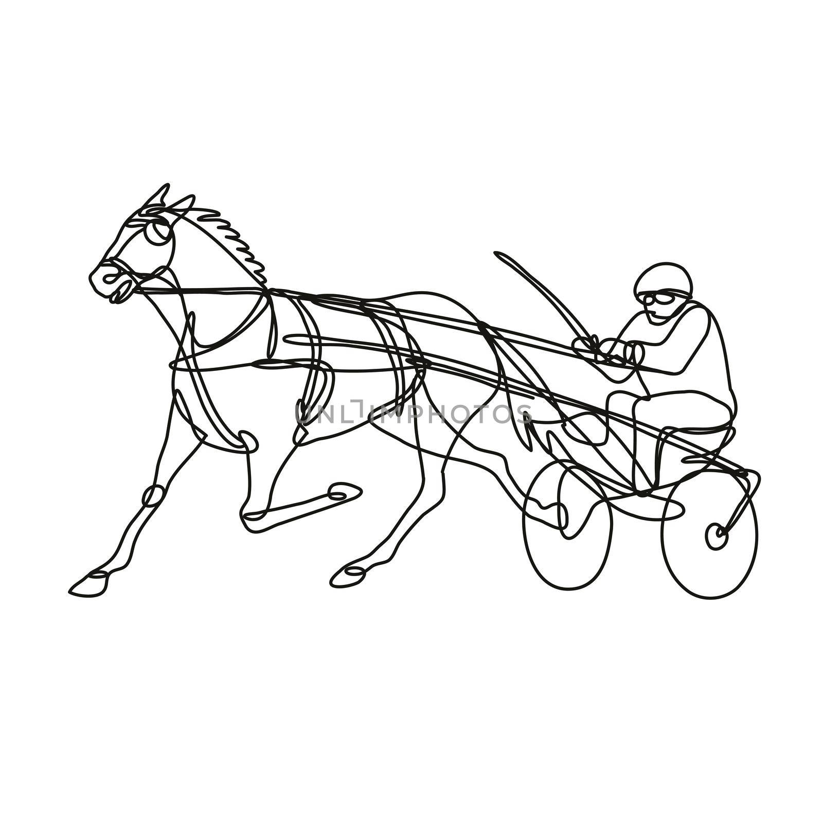 Continuous line drawing illustration of a jockey and horse harness racing side view done in mono line or doodle style in black and white on isolated background. 