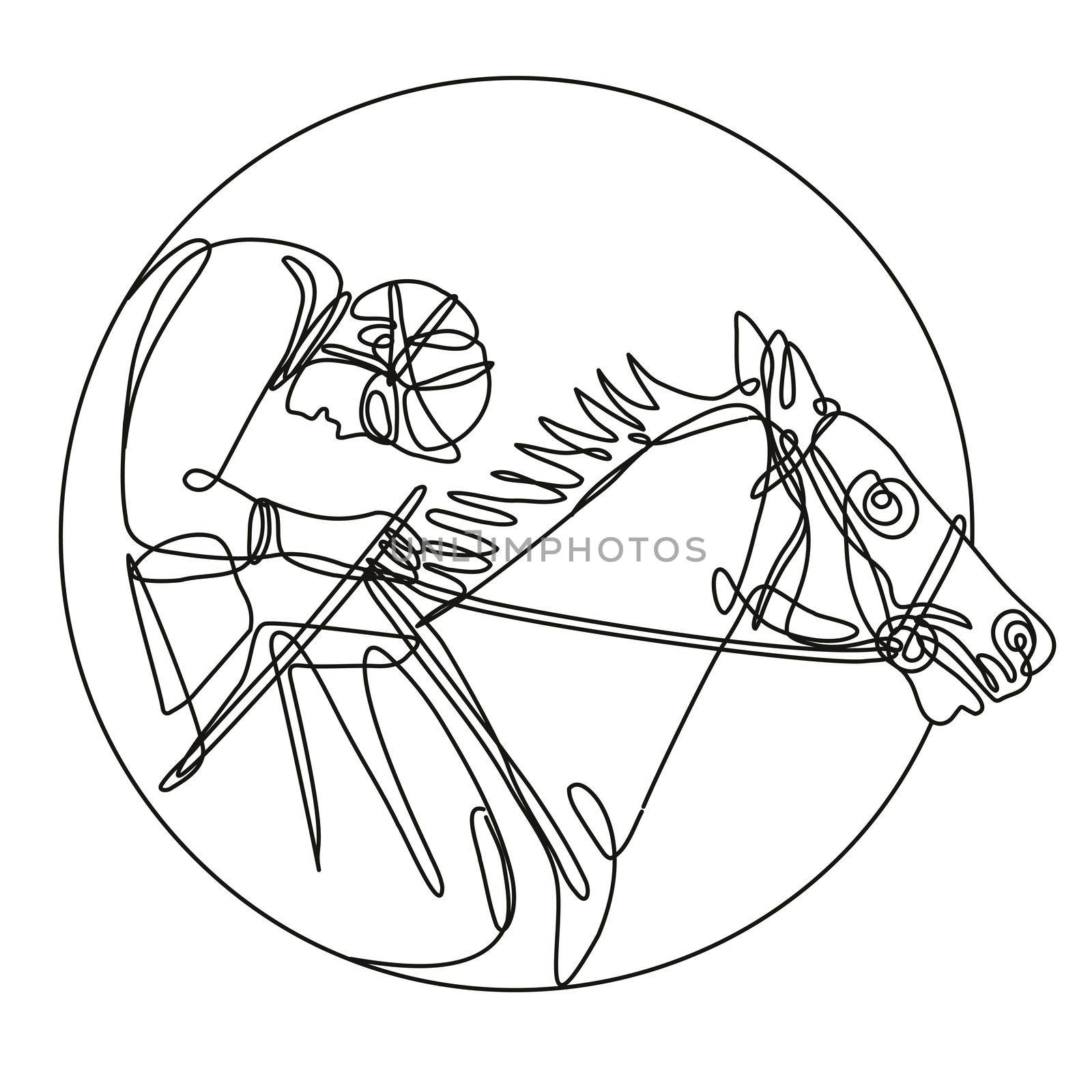 Continuous line drawing illustration of a jockey and horse racing side view inside circle done in mono line or doodle style in black and white on isolated background. 