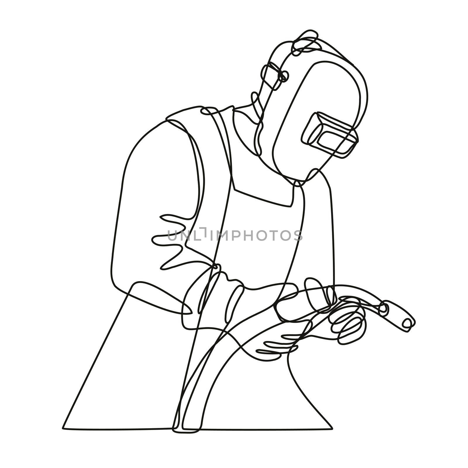 Continuous line drawing illustration of a Mig welder with visor holding welding torch done in mono line or doodle style in black and white on isolated background. 