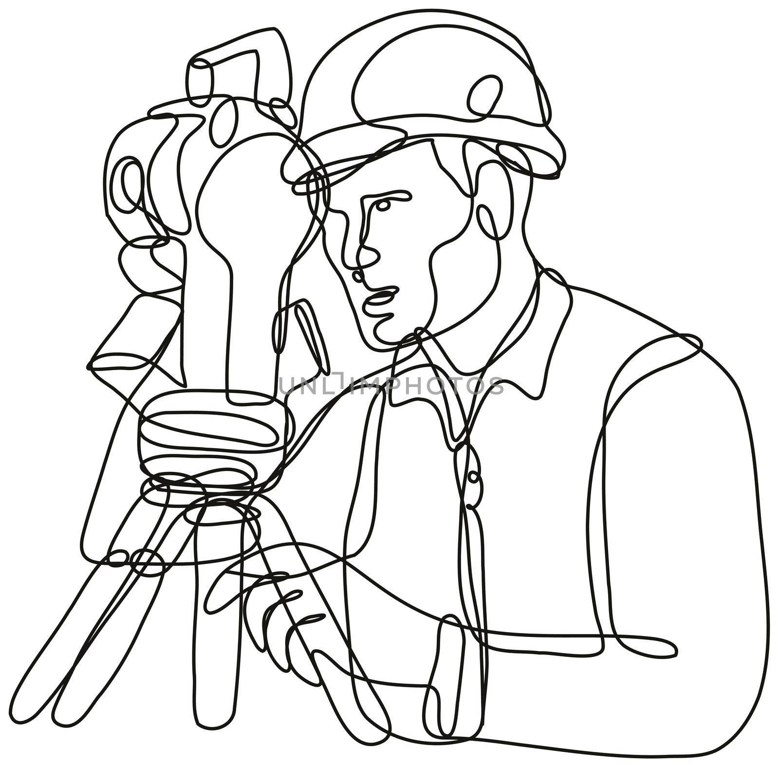 Continuous line drawing illustration of a geodetic surveyor using a theodolite done in mono line or doodle style in black and white on isolated background. 