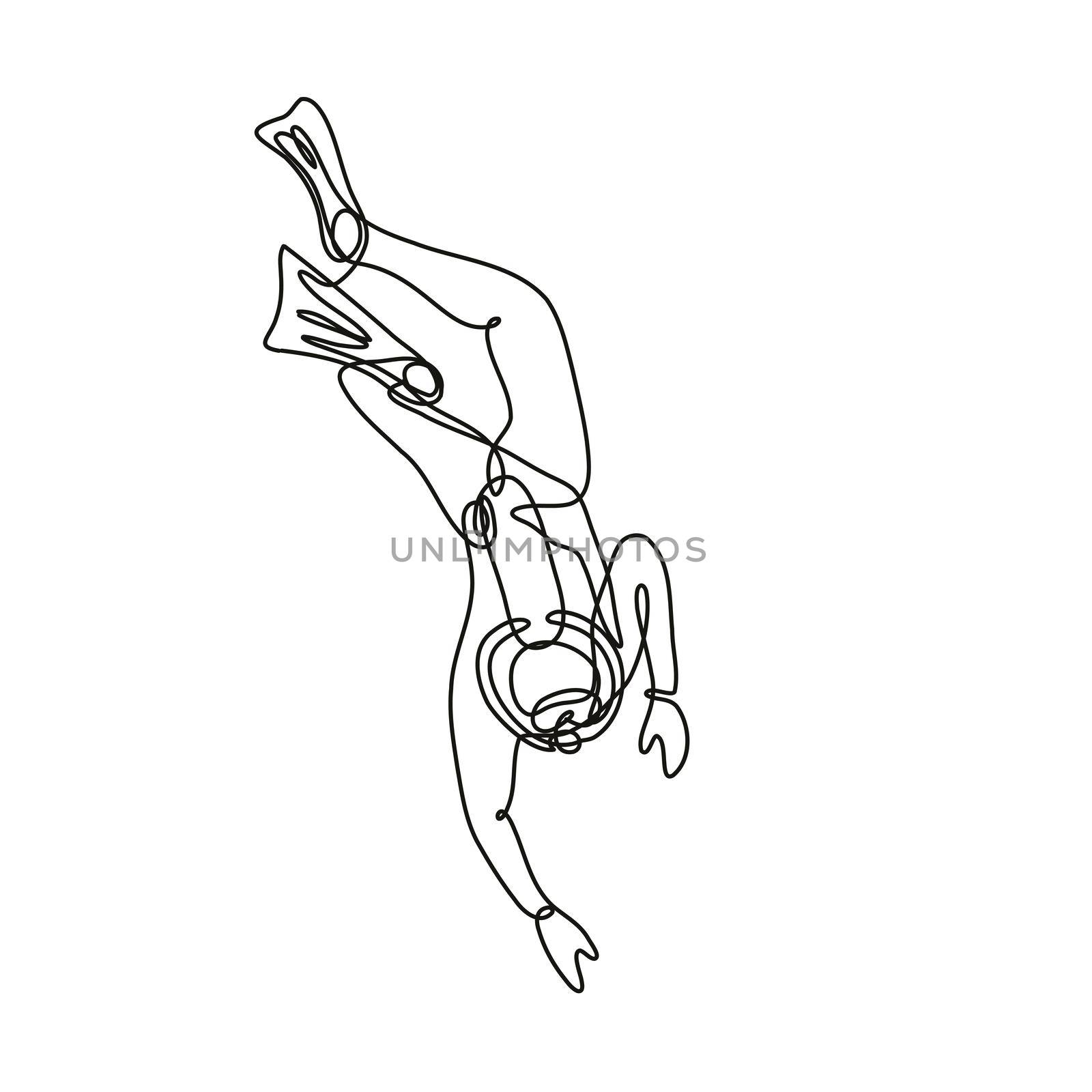 Continuous line drawing illustration of a scuba diver diving down done in mono line or doodle style in black and white on isolated background. 