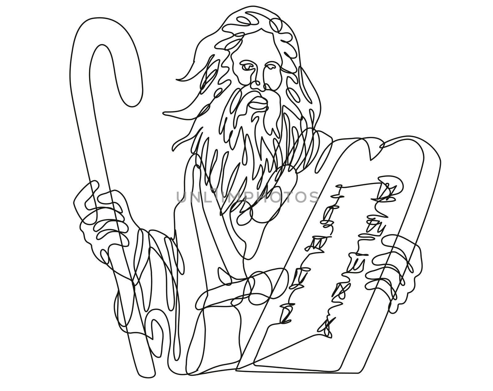 Prophet Moses with Staff Holding a Stone Table with Ten Commandments Continuous Line Drawing  by patrimonio