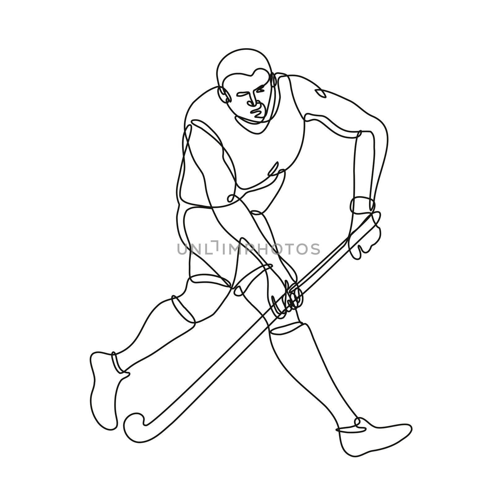 Continuous line drawing illustration of a field hockey running with hockey stick done in mono line or doodle style in black and white on isolated background. 