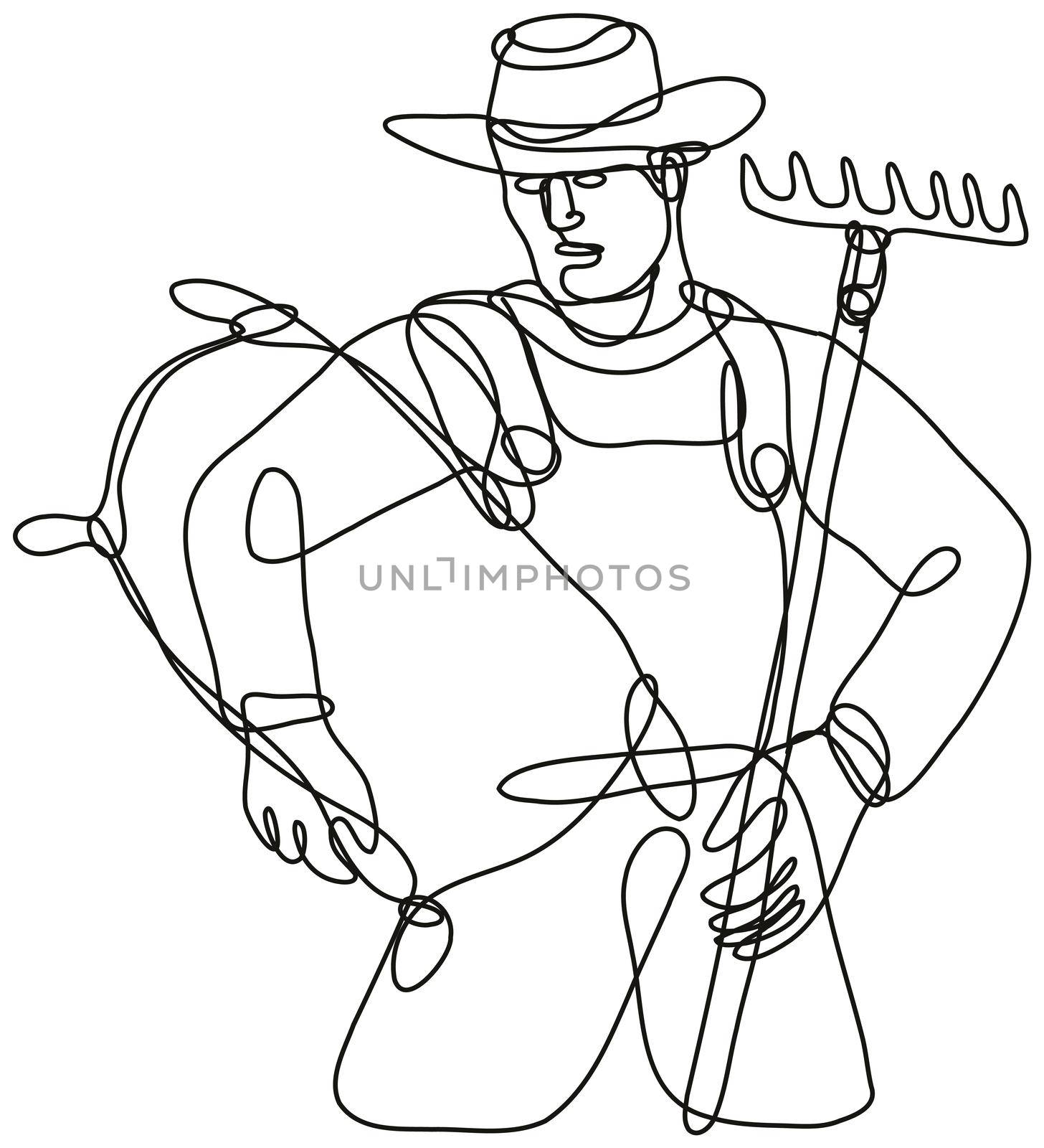 Organic Farmer with Rake and Carrying Sack Continuous Line Drawing  by patrimonio