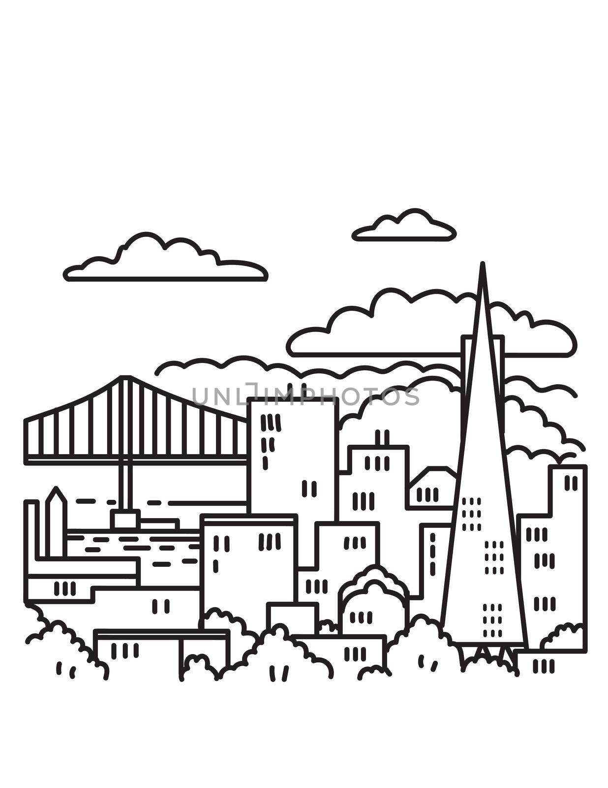 San Francisco Downtown Skyline with Golden Gate Bridge in the Bay Area California USA Mono Line Art Poster  by patrimonio