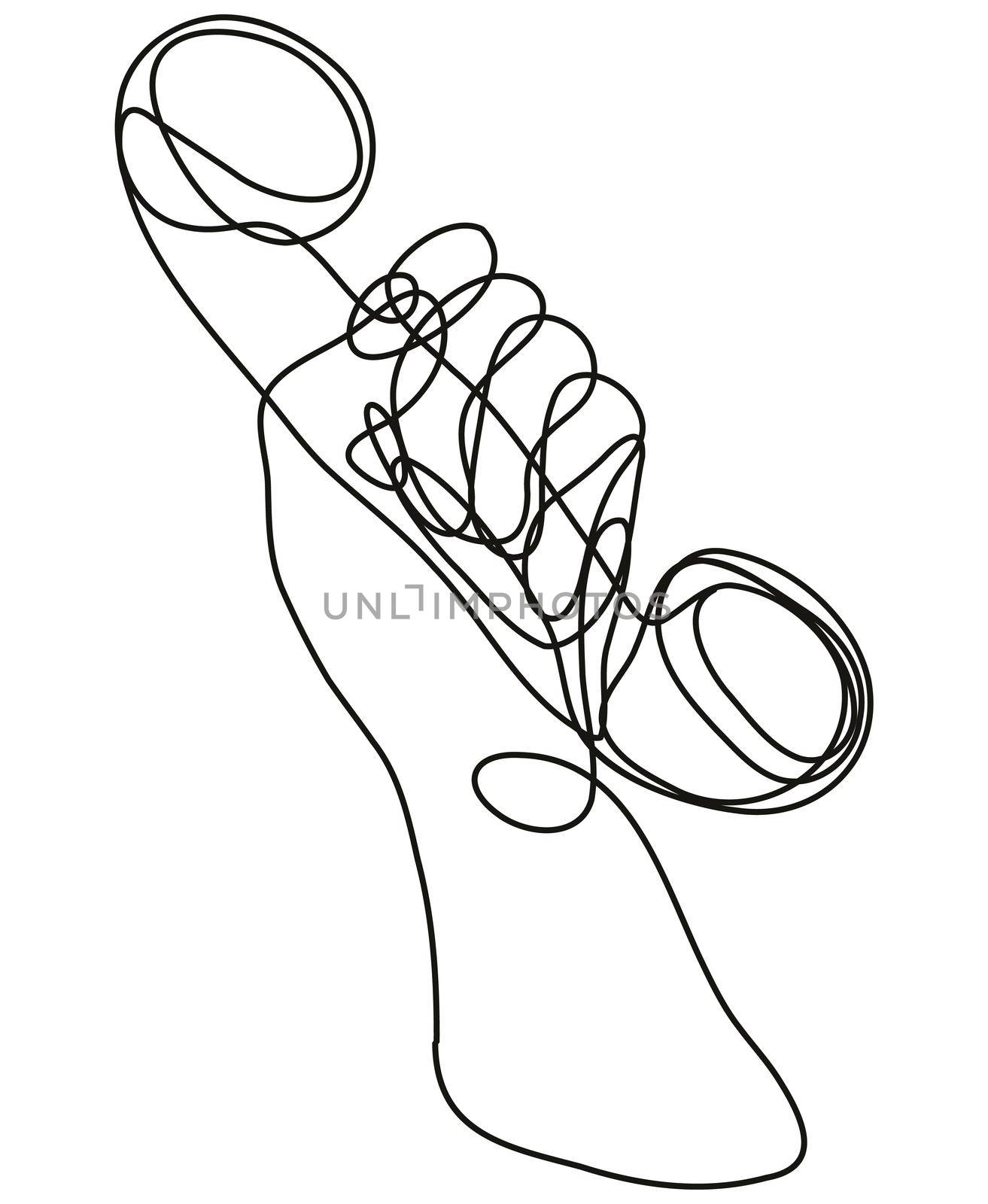 Continuous line drawing illustration of a hand holding a vintage telephone done in mono line or doodle style in black and white on isolated background. 
