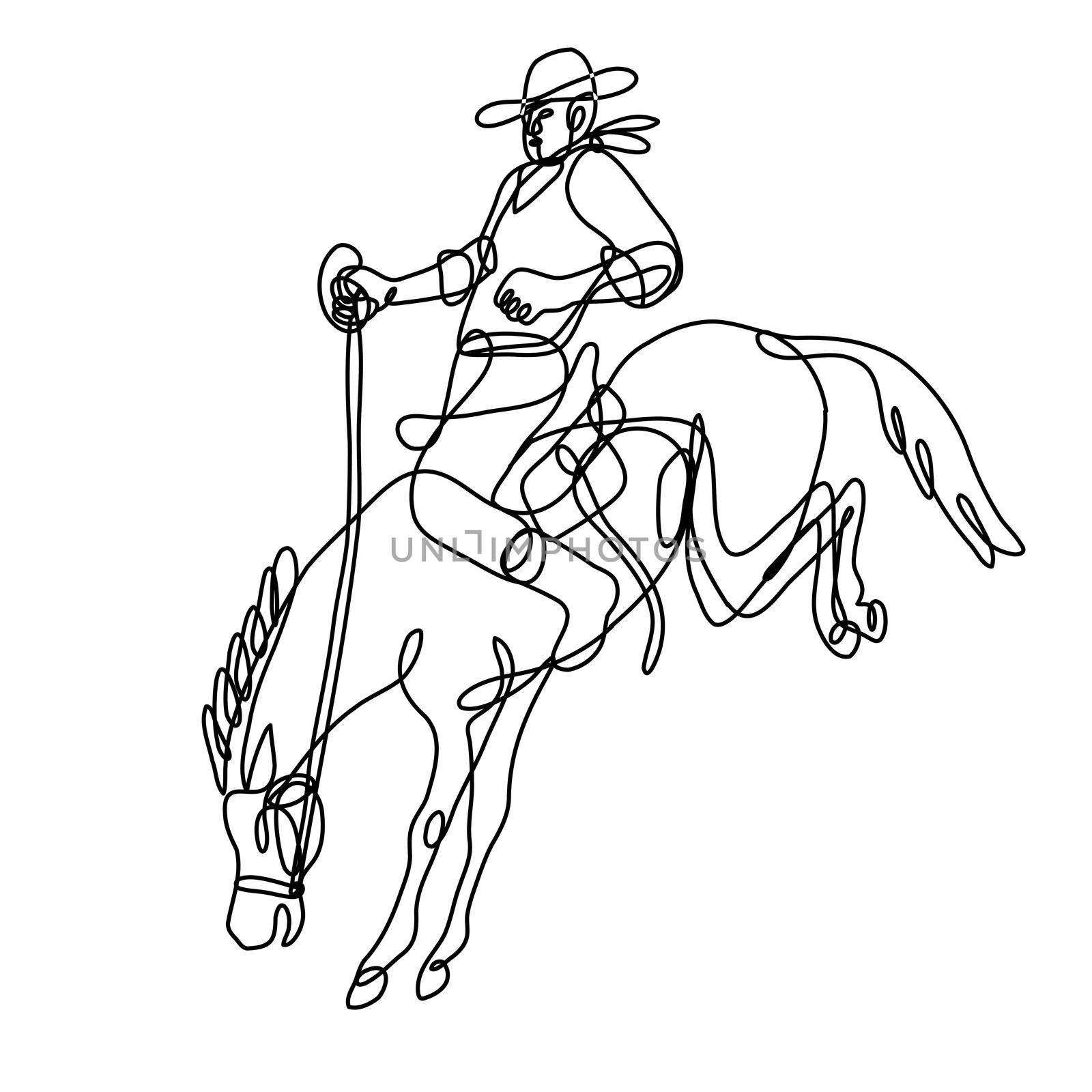 Continuous line drawing illustration of a rodeo cowboy riding bucking bronco side view  done in mono line or doodle style in black and white on isolated background. 