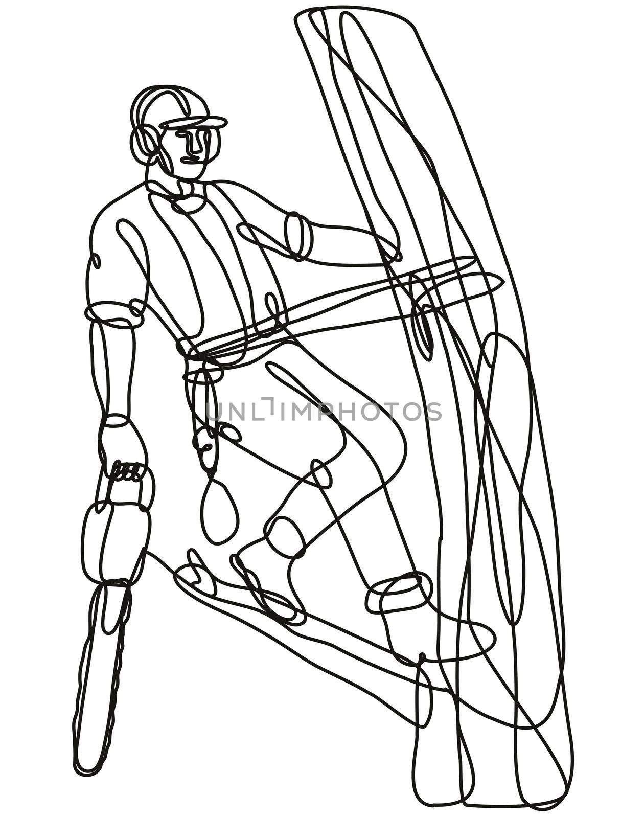 Continuous line drawing illustration of an arborist or tree surgeon climbing tree with chainsaw done in mono line or doodle style in black and white on isolated background. 